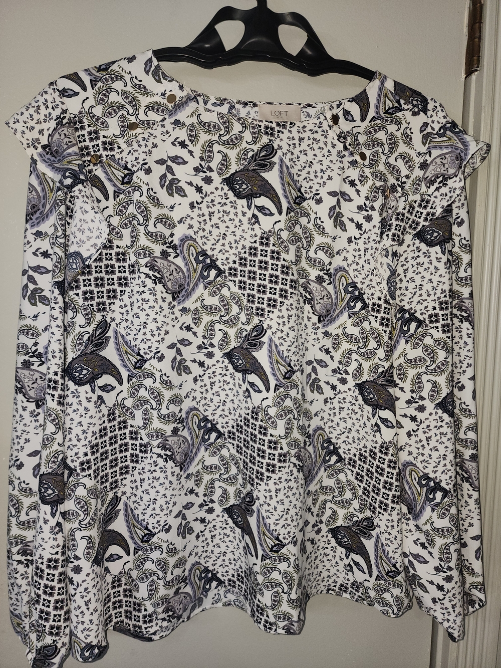 LOFT White Paisley & Floral Print Blouse with Navy Accents